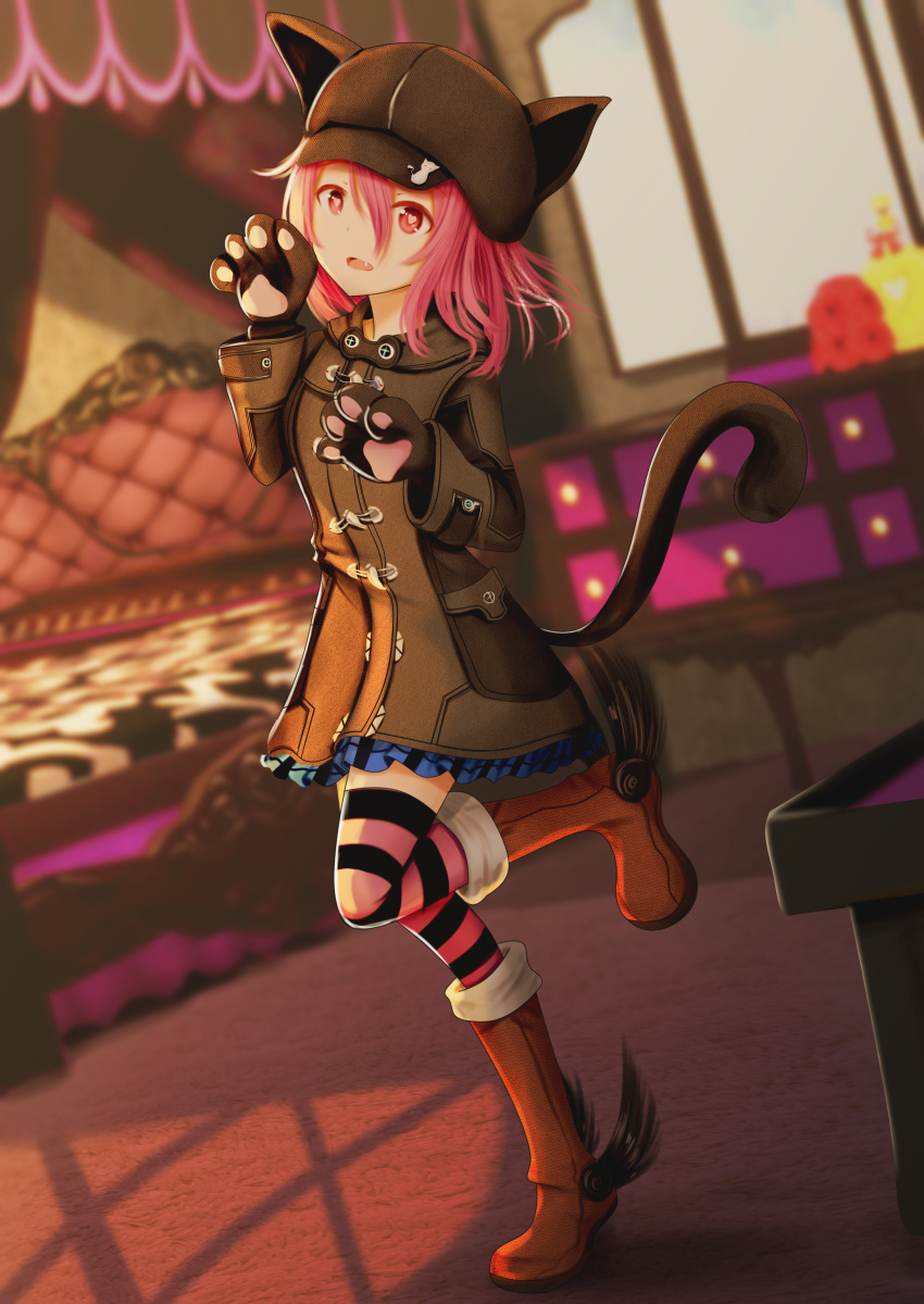 1girl, absurdres, animal_ears, animal_hat, bed, black_coat, black_hat, blue_skirt