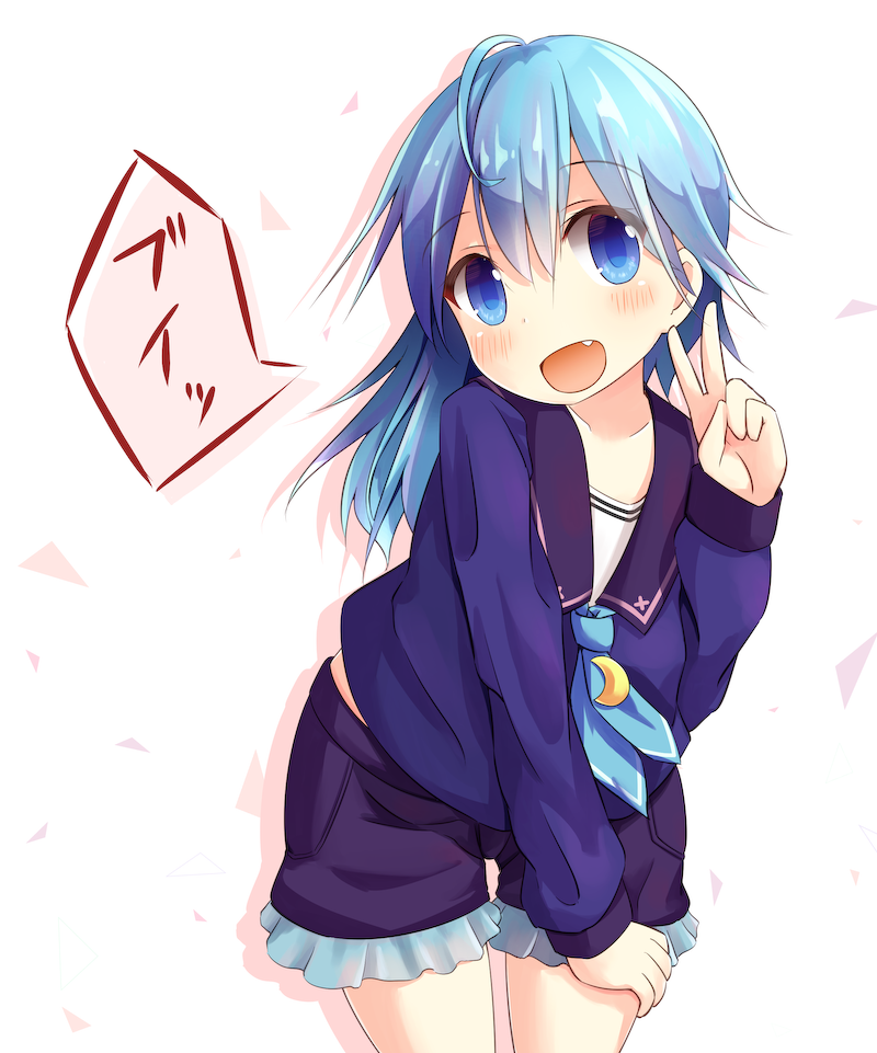 1girl, :d, arm_support, bangs, black_shorts, blue_eyes, blue_hair, blue_neckwear