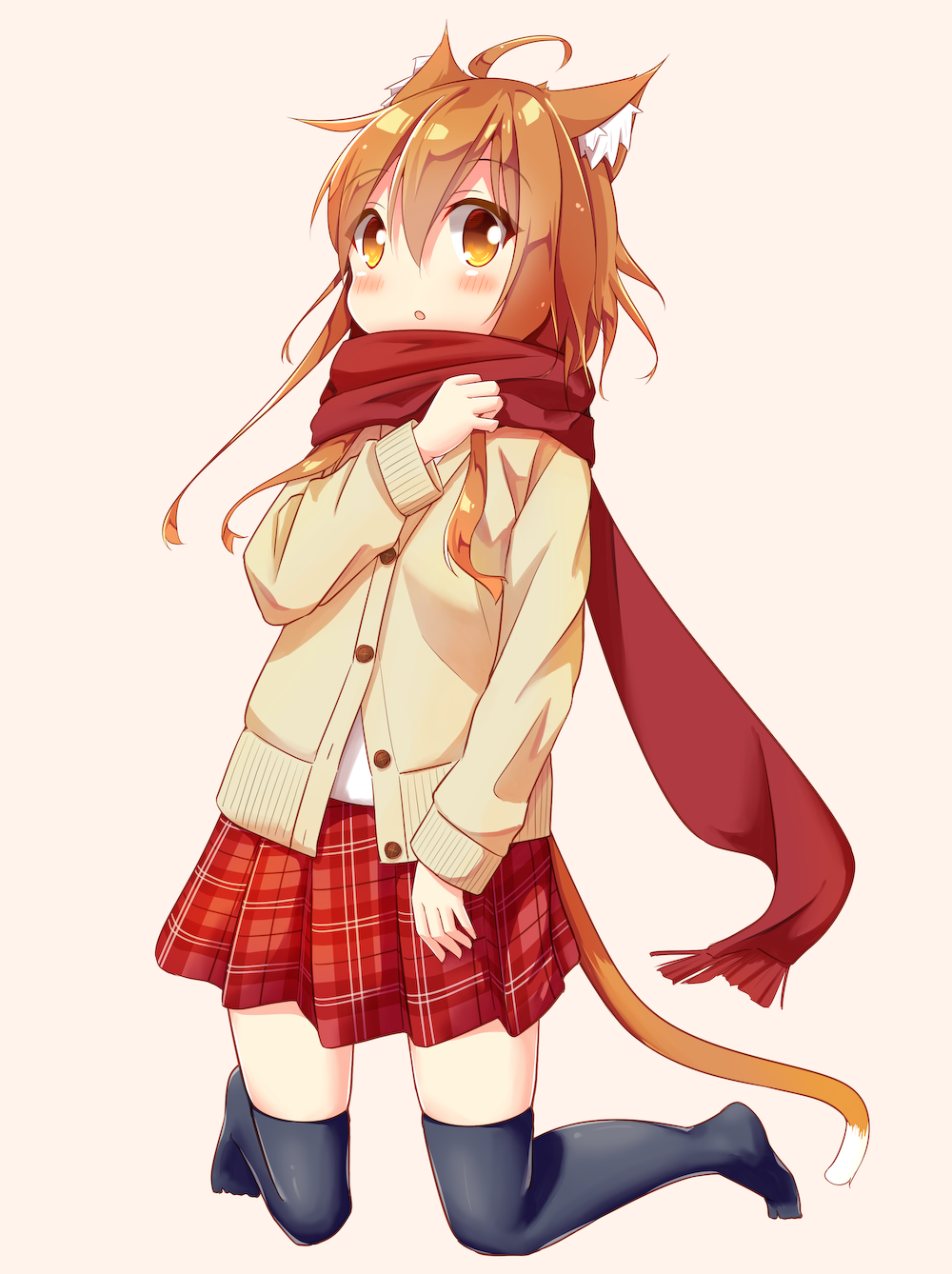 1girl, :o, ahoge, animal_ears, bangs, beige_background, black_legwear, blush