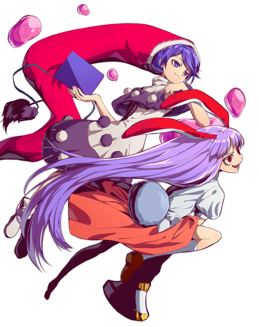 2girls, :3, black_legwear, blue_eyes, blue_hair, book, brown_footwear, bunny_tail