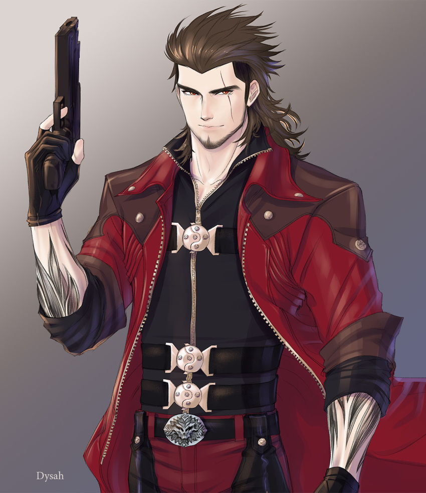 1boy, dante_(devil_may_cry), devil_may_cry, devil_may_cry_4, dysah, final_fantasy, final_fantasy_xv, gladiolus_amicitia, gun, highres, image_sample, jacket, red_jacket, tumblr_sample, weapon