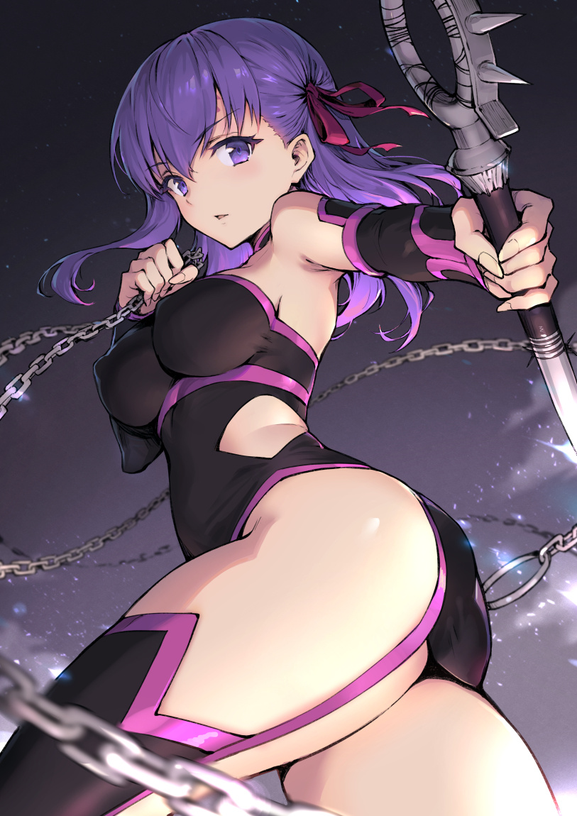 1girl, armpits, ass, bangs, black_dress, black_legwear, blurry, blurry_foreground, breasts, chains, cosplay, depth_of_field, detached_sleeves, dress, eyebrows_visible_through_hair, facial_mark, fate/grand_order, fate_(series), fingernails, forehead_mark, garter_straps, hair_ornament, haoni, holding, holding_weapon, impossible_clothes, impossible_dress, large_breasts, long_hair, looking_at_viewer, matou_sakura, parted_lips, purple_hair, red_ribbon, ribbon, rider, rider_(cosplay), short_dress, side_cutout, solo, thigh-highs, upper_body, violet_eyes, weapon