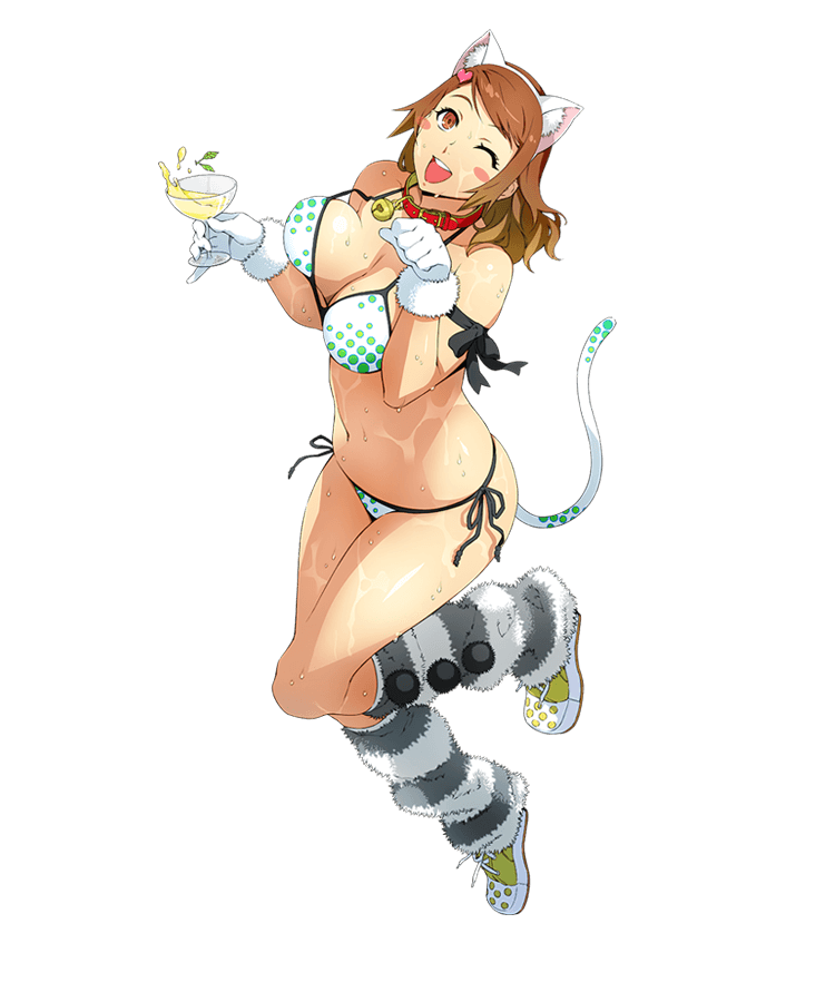 1girl, animal_ears, arm_ribbon, bell, bell_collar, bikini, blush_stickers, bouncing_breasts