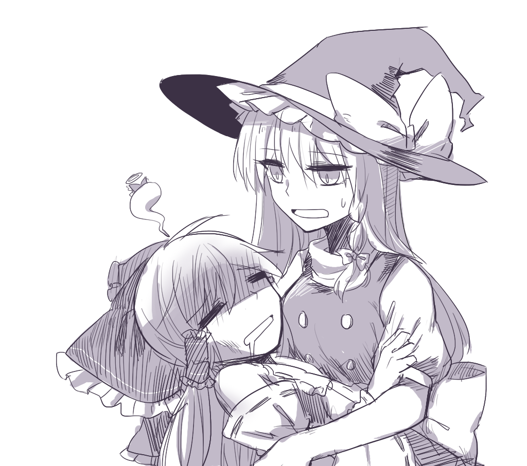 2girls, =_=, bow, breasts, carrying, d:, detached_sleeves, drooling