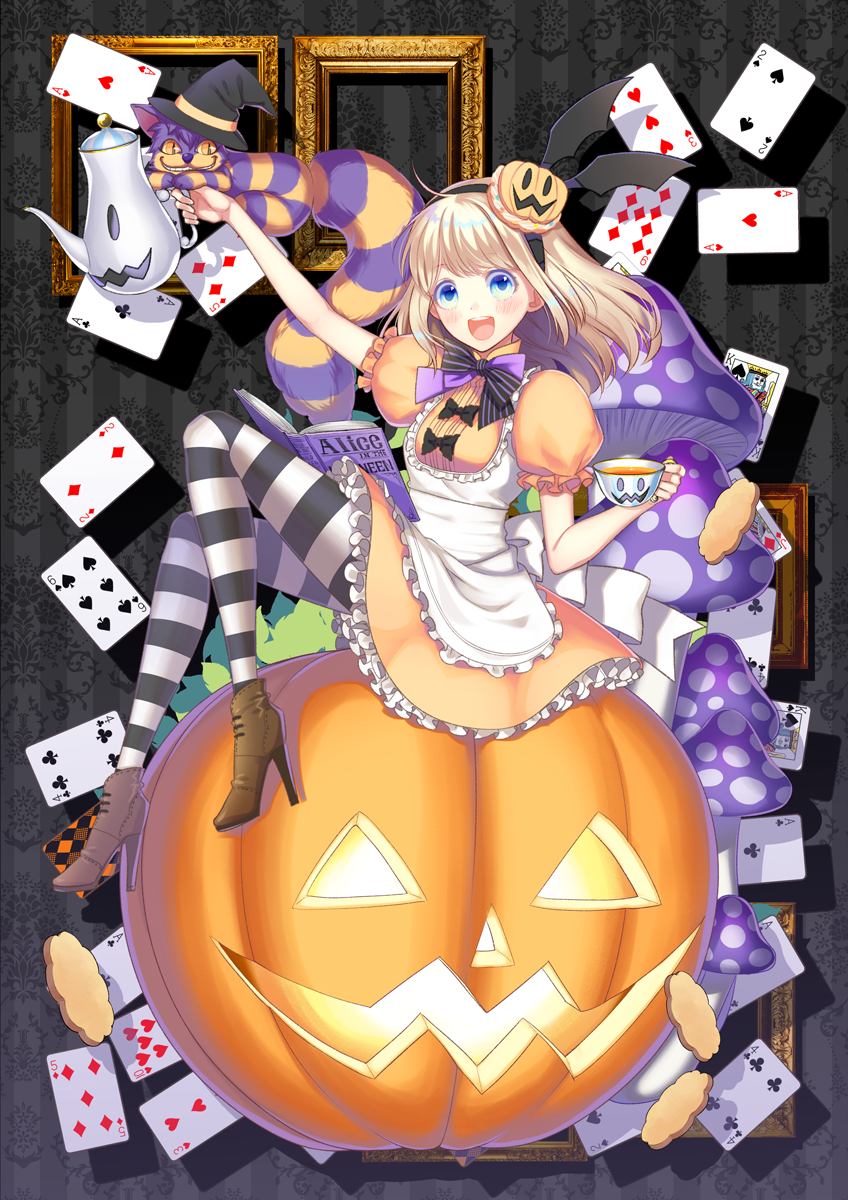 1girl, :d, alice_(wonderland), alice_in_wonderland, apron, black_background, blonde_hair, blue_eyes