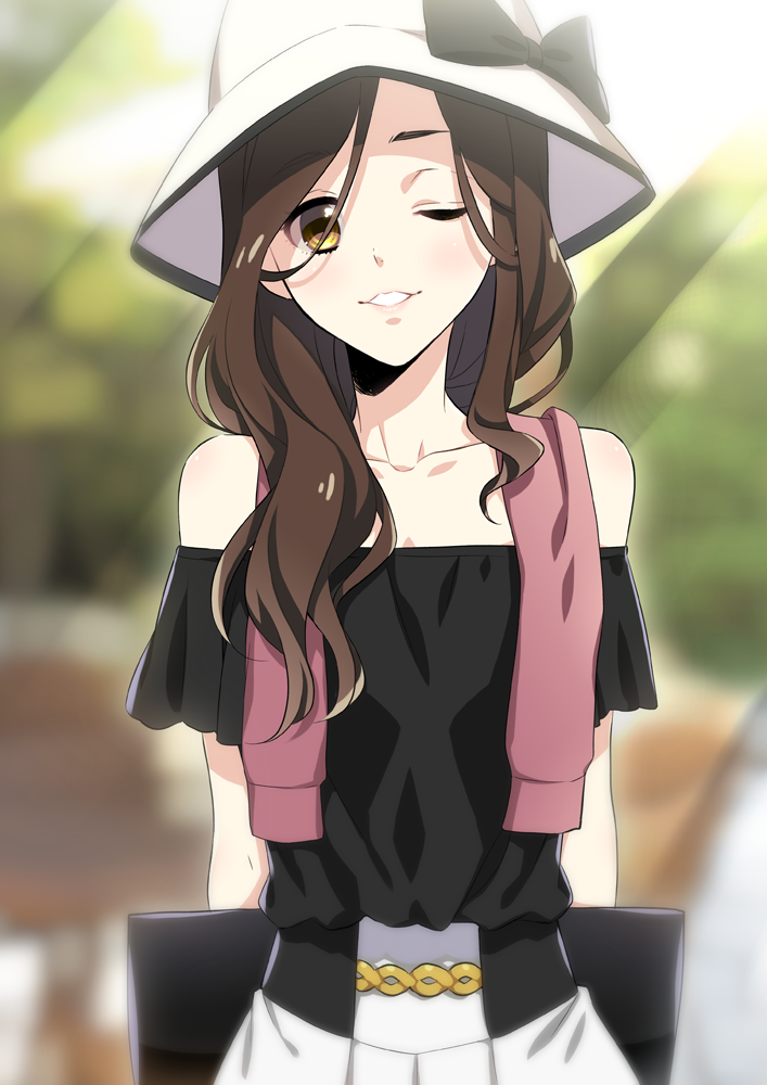 1girl, bare_shoulders, black_bow, black_shirt, blurry, blush, bow, brown_eyes