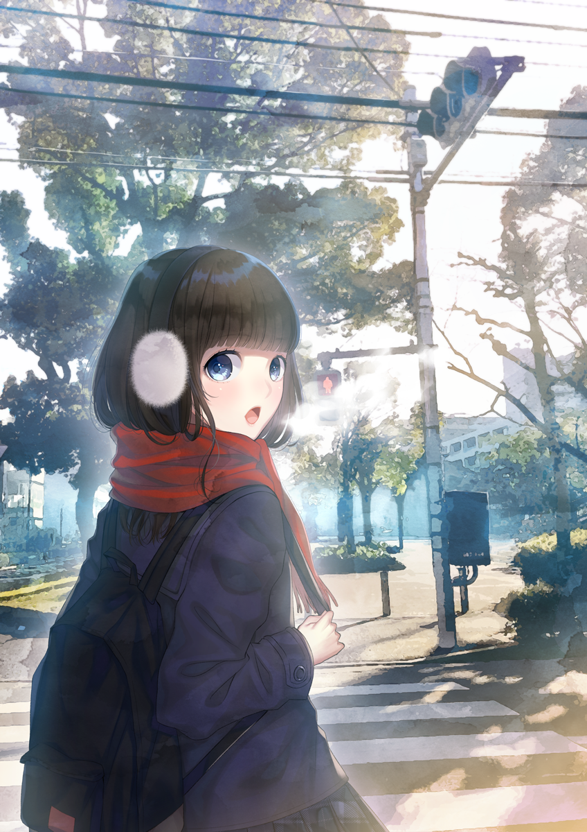 1girl, backpack, bag, bangs, black_skirt, blue_coat, blue_eyes, blunt_bangs, blush, breath, brown_hair, building, crosswalk, day, earmuffs, eyebrows_visible_through_hair, from_side, highres, kanno_sayu, long_hair, long_sleeves, open_mouth, original, outdoors, pleated_skirt, power_lines, skirt, solo, traffic_light, tree, upper_body