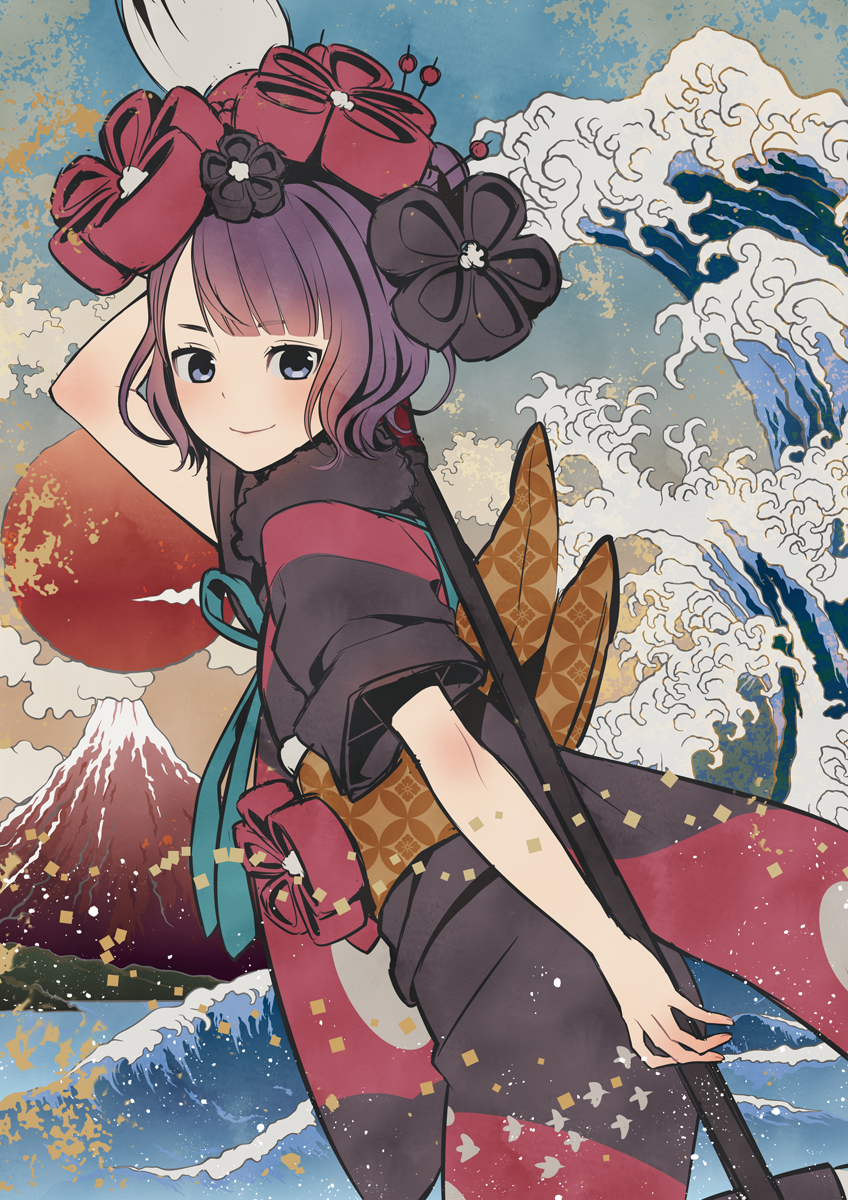 1girl, arm_up, blue_eyes, blush, brush, closed_mouth, clouds, fate/grand_order, fate_(series), from_side, highres, japanese_clothes, kanno_sayu, katsushika_hokusai_(fate/grand_order), kimono, mountain, obi, purple_hair, sash, short_hair, sky, smile, solo, water, waving