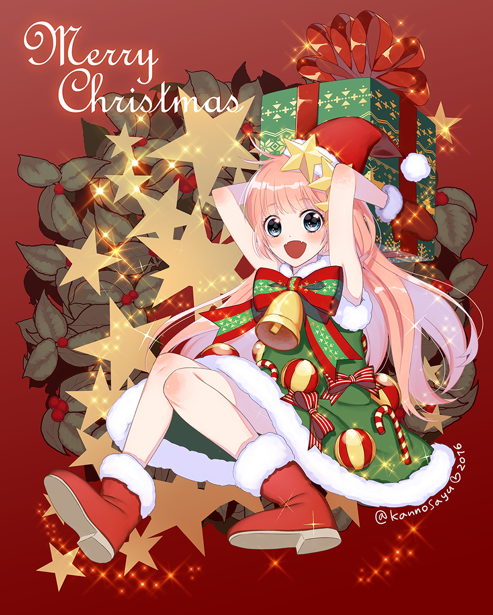 1girl, :d, armpits, arms_up, bell, blush, bow, box