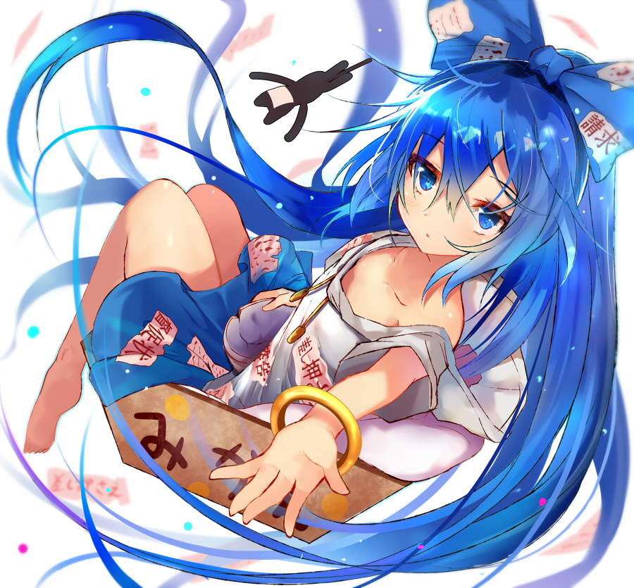 1girl, bangle, bare_legs, barefoot, blue_bow, blue_eyes, blue_hair, blue_skirt