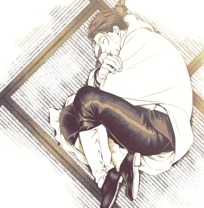 1boy, black_hair, cape, closed_eyes, commentary, facial_hair, facial_scar, fetal_position