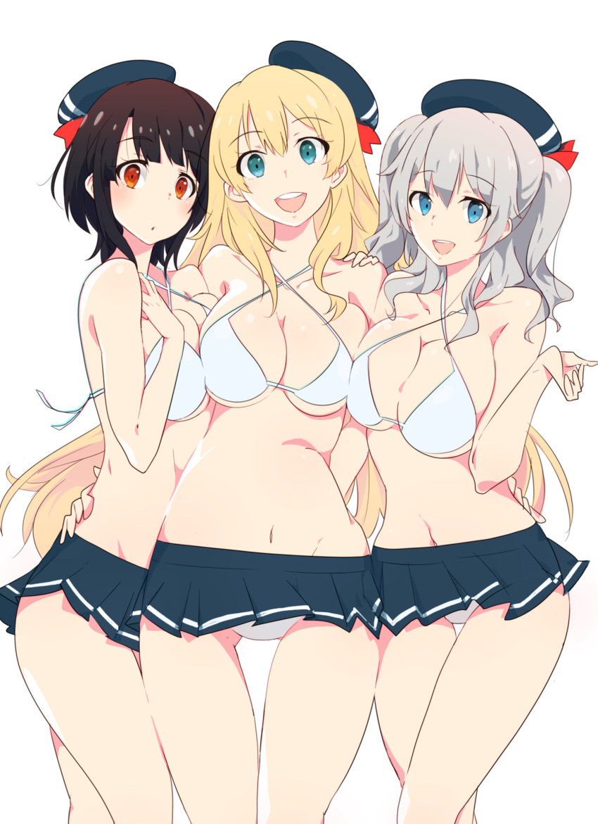 3girls, atago_(kantai_collection), beret, bikini, bikini_skirt, black_hair, blonde_hair, blue_eyes, blue_skirt, breasts, cowboy_shot, green_eyes, hat, highres, kantai_collection, kashima_(kantai_collection), large_breasts, long_hair, looking_at_viewer, matching_outfit, meriken0111, multiple_girls, red_eyes, short_hair, sidelocks, silver_hair, simple_background, skirt, swimsuit, takao_(kantai_collection), twintails, wavy_hair, white_background, white_bikini_top