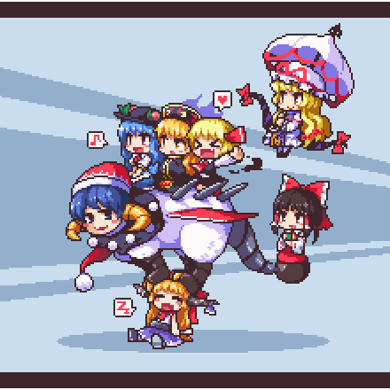 >_<, 6+girls, :d, black_dress, black_hair, black_hat, blonde_hair, blue_hair, bow, doreking, doremy_sweet, dress, food, fruit, gap, hair_bow, hair_ribbon, hakurei_reimu, hands_in_sleeves, hat, hat_ribbon, heart, hinanawi_tenshi, horn_ribbon, horns, ibuki_suika, junko_(touhou), kumamoto_(bbtonhk2), long_hair, lowres, mob_cap, multiple_girls, musical_note, open_mouth, orange_hair, outstretched_arms, peach, pixel_art, red_bow, red_ribbon, ribbon, rumia, sitting, smile, spoken_heart, spoken_musical_note, spoken_zzz, touhou, umbrella, white_hat, xd, yakumo_yukari