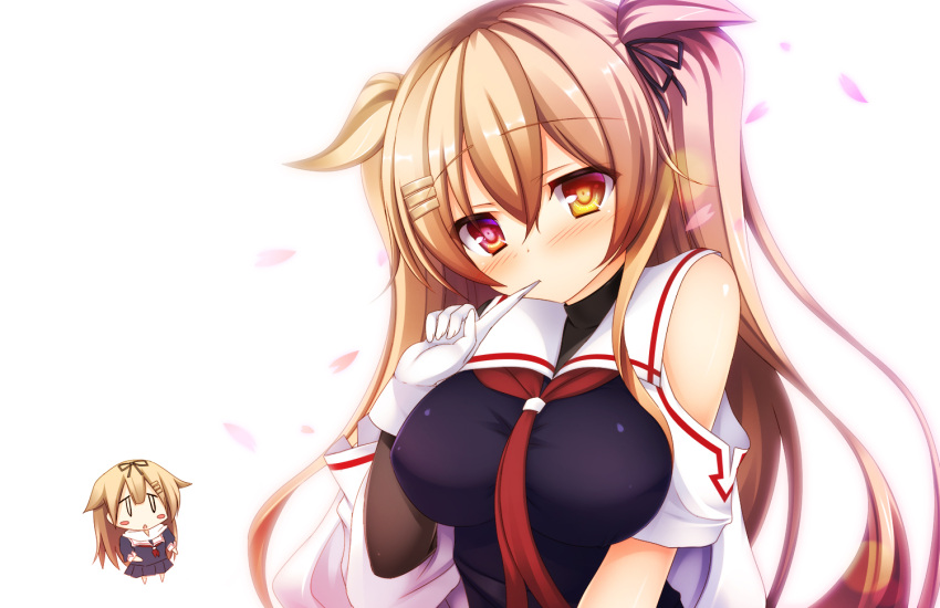 2girls, asymmetrical_clothes, black_ribbon, black_serafuku, blonde_hair, blush, breasts, brown_eyes
