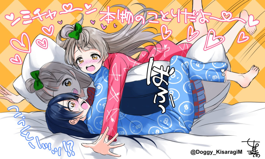 2girls, bangs, bed, blush, commentary_request, dakimakura_(object), grey_hair, hair_between_eyes