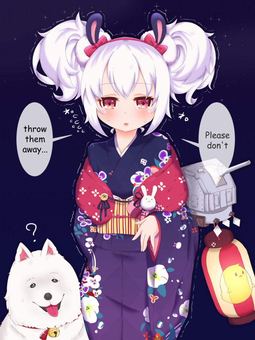 1girl, ?, animal, animal_ears, azur_lane, bell, blue_kimono, blush, bow, cannon, chick_print, commentary, dog, double_bun, english, fingernails, floral_print, flying_sweatdrops, hair_bow, hairband, highres, japanese_clothes, jingle_bell, kimono, laffey_(azur_lane), lantern, long_sleeves, looking_at_viewer, obi, paper_lantern, parted_lips, print_kimono, purple_background, rabbit_ears, red_bow, red_eyes, red_hairband, sash, side_bun, sidelocks, solo, sonodaeri, sweat, tears, tongue, tongue_out, trembling, turret, wide_sleeves