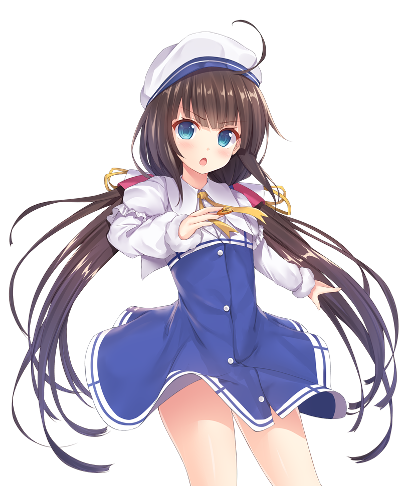 1girl, ahoge, bangs, beret, between_fingers, blue_dress, blue_eyes, blush