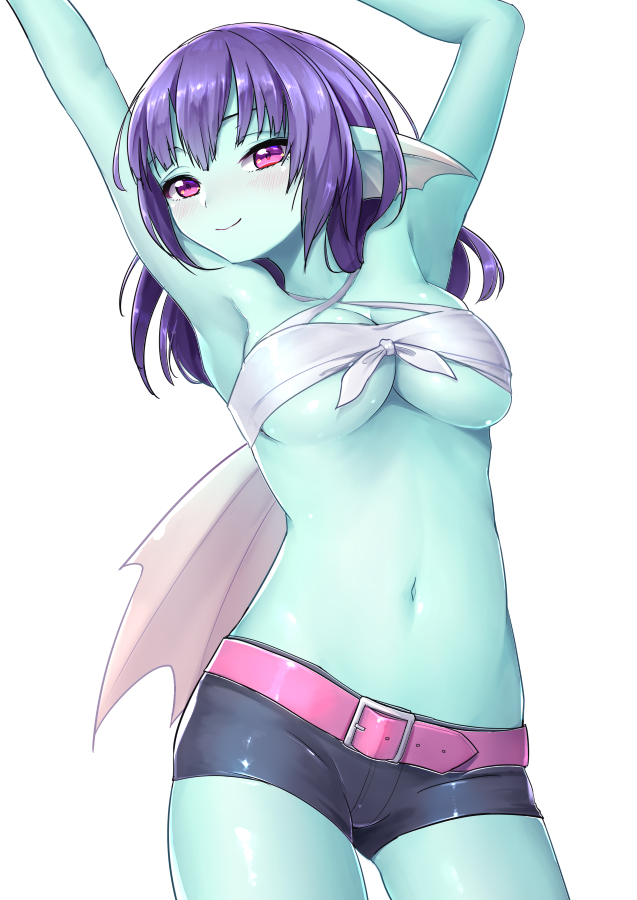 1girl, arms_up, belt, blue_skin, blush, breasts, cleavage, dragon_quest
