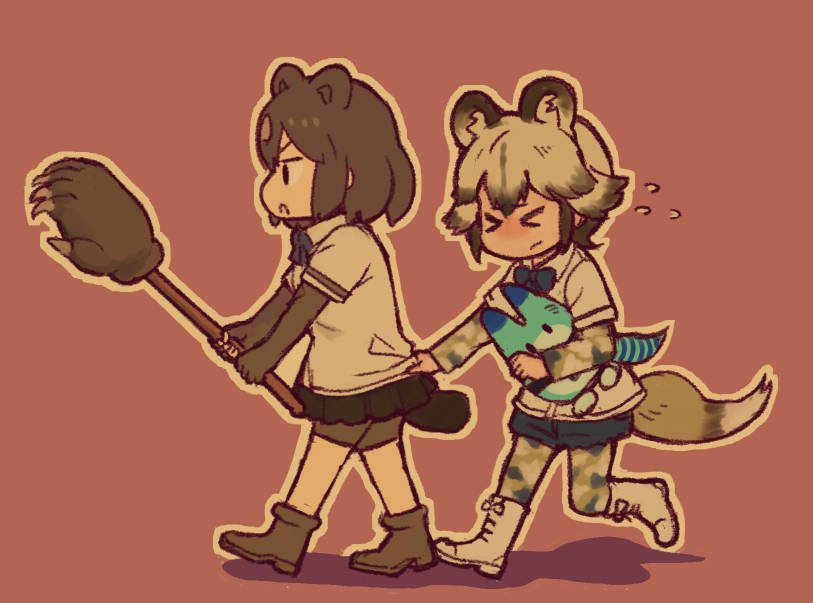 >_<, 2girls, african_wild_dog_(kemono_friends), african_wild_dog_ears, african_wild_dog_print, african_wild_dog_tail, animal_ears, bear_ears