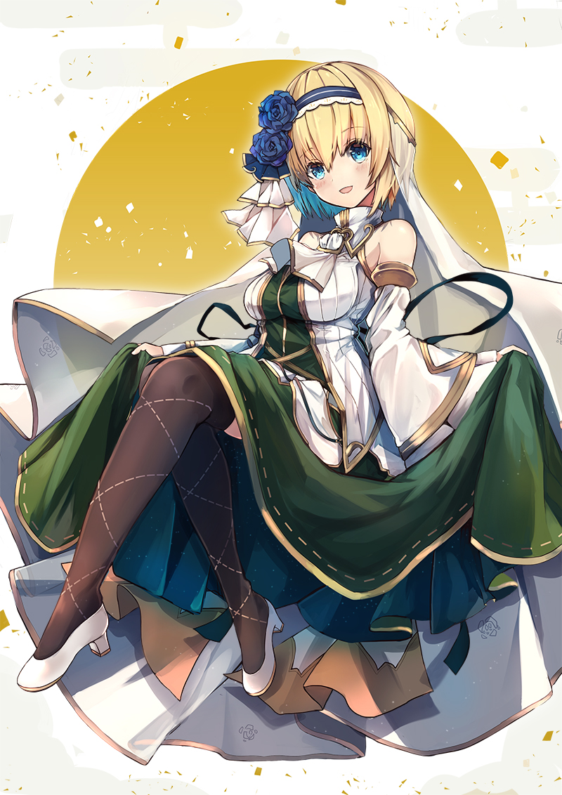 1girl, blonde_hair, blue_eyes, blue_hair, brown_legwear, commentary, commentary_request, dress