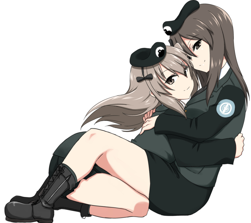 2girls, alternate_costume, bangs, beret, black_footwear, black_hat, black_jacket, black_neckwear