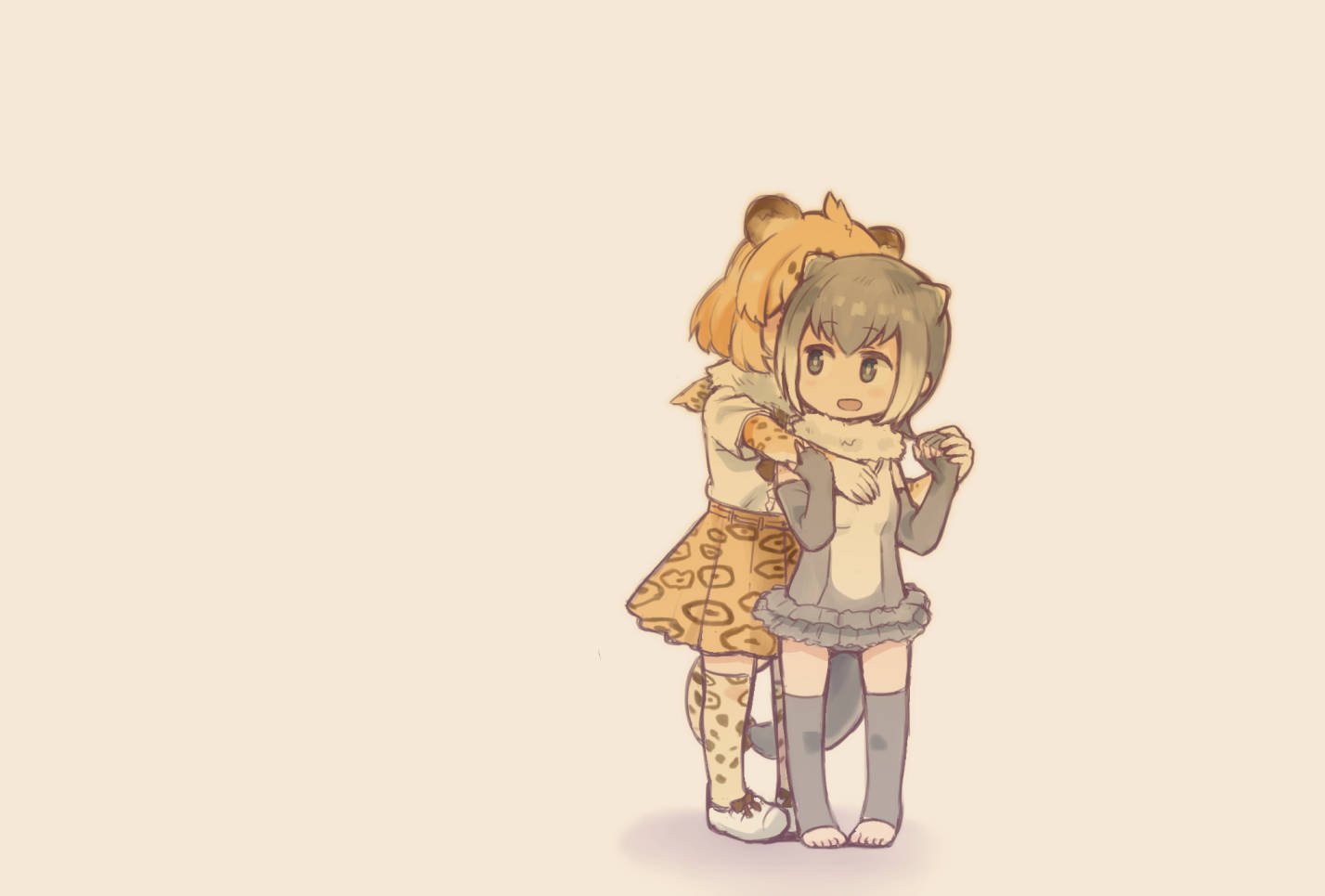 fingerless_gloves, fur_collar, gloves, hug, hug_from_behind, jaguar_(kemono_friends), jaguar_ears, jaguar_print