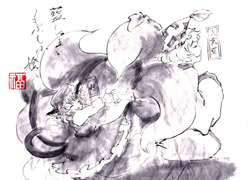 bad_id, chen, fine_art_parody, inu_poteto, monochrome, multiple_tails, nihonga, parody
