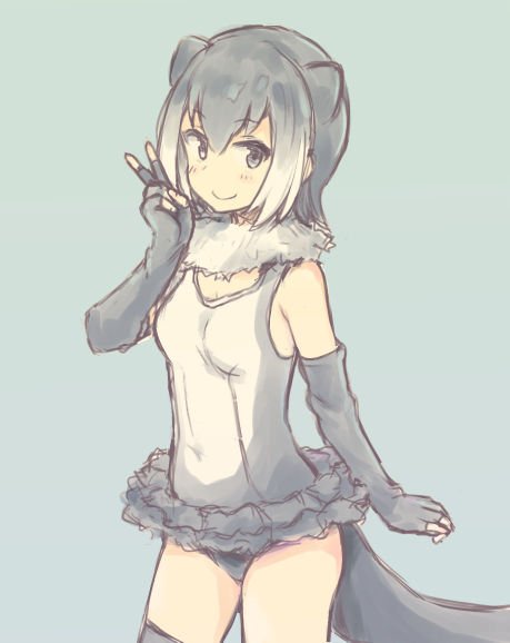 commentary_request, eyebrows_visible_through_hair, fingerless_gloves, fur_collar, gloves, kemono_friends, one-piece_swimsuit, otter_ears, otter_tail, ouka_(yama), skirt, small-clawed_otter_(kemono_friends), swimsuit, tail, v