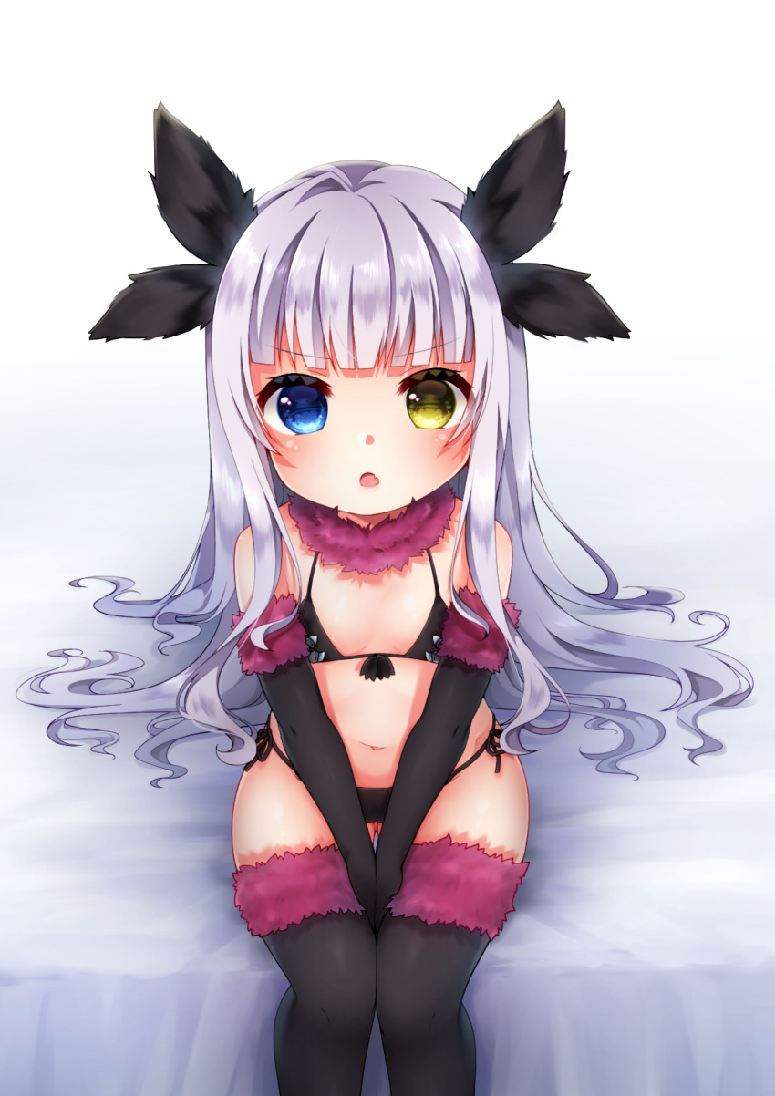 1girl, between_legs, black_bra, black_gloves, black_legwear, black_panties, blue_eyes, bra