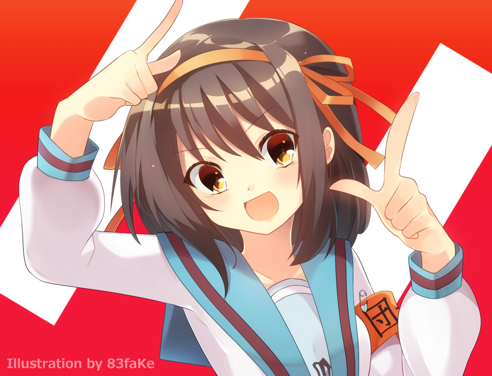 1girl, brown_eyes, brown_hair, hairband, kita_high_school_uniform, looking_at_viewer, school_uniform, short_hair