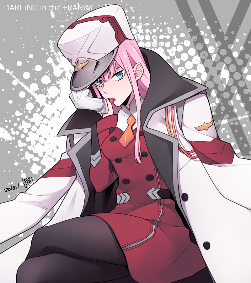 1girl, blue_eyes, darling_in_the_franxx, dated, gloves, hat, kuma_yuu, licking_hand