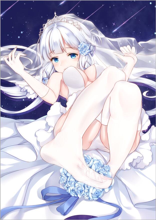 1girl, azur_lane, bad_anatomy, blue_eyes, bouquet, breasts, bridal_gauntlets, bridal_veil
