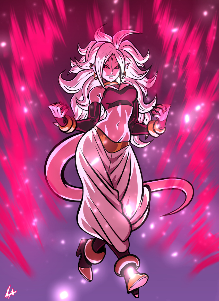 1girl, absurdres, alternate_form, android_21, android_21_(evil), black_sclera, bracelet, breasts, commentary, dragon_ball, dragon_ball_fighterz, earrings, finger_to_mouth, harem_pants, highres, hoop_earrings, jewelry, large_breasts, lavender_hair, liefeldian_abomination, long_hair, majin_android_21, monster_girl, navel, pants, pink_skin, pointy_ears, red_eyes, smile, solo, spoilers, stomach, tail, white_hair