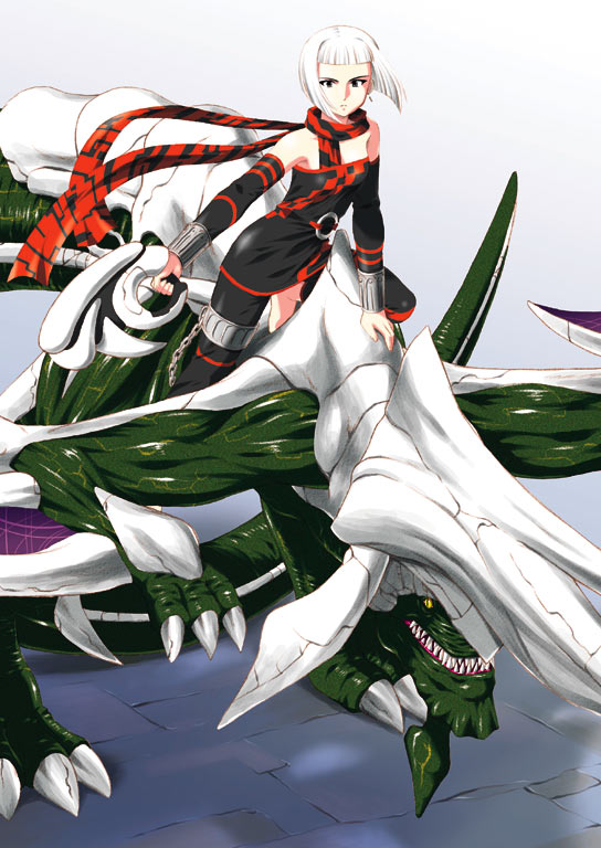 black_eyes, detached_sleeves, dragon, dress, elbow_gloves, flat_chest, gloves, gun