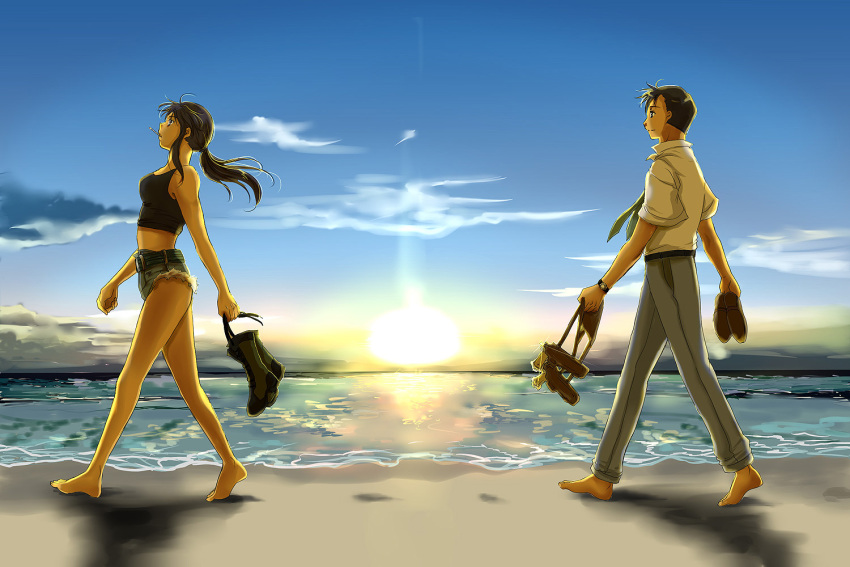 beach, black_lagoon, brown_eyes, brown_hair, cigarette, cloud, clouds, denim