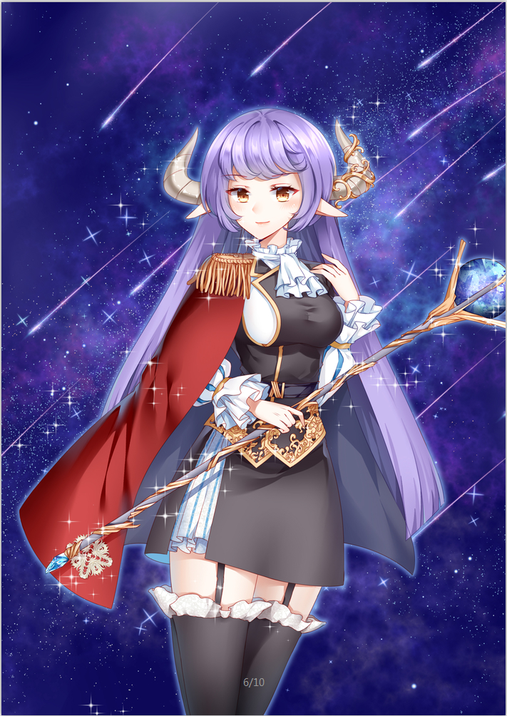 1girl, black_legwear, black_skirt, breasts, bull_horns, cape, epaulettes, garter_straps, long_hair, medium_breasts, night, night_sky, original, pointy_ears, purple_hair, red_cape, shooting_star, skirt, sky, very_long_hair, yuu_li_(glass)