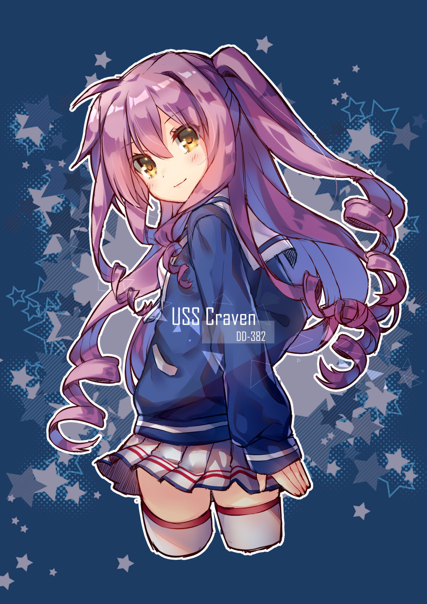1girl, absurdres, azur_lane, bangs, blue_background, blue_shirt, blush, character_name