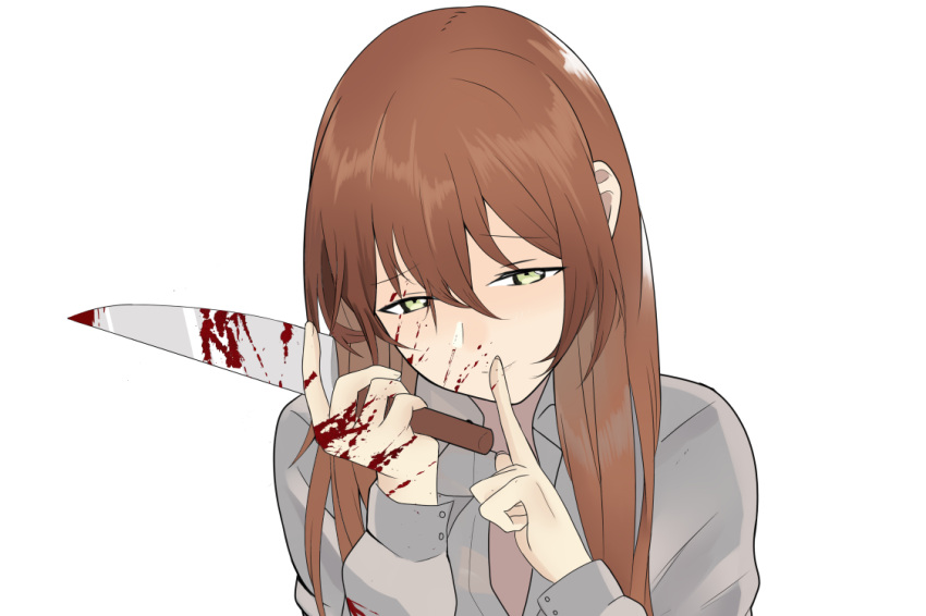 1girl, bangs, blood, blood_on_face, brown_hair, finger_to_mouth, girls_frontline, green_eyes, hair_between_eyes, knife, long_hair, long_sleeves, looking_at_viewer, m1903_springfield_(girls_frontline), pdc, shushing, simple_background, smile, solo, upper_body, white_background