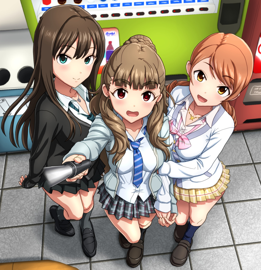 3girls, black_legwear, blush, breasts, brown_eyes, brown_hair, cardigan, cellphone