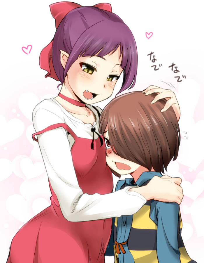 1boy, 1girl, age_difference, blue_shirt, blush, bow, brown_eyes, brown_hair