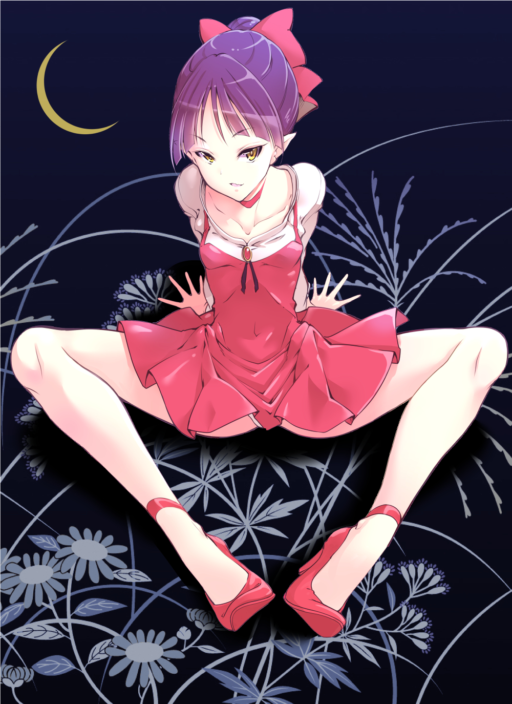 1girl, bangs, bow, choker, collarbone, covered_navel, crescent_moon, dress, flower, full_body, gegege_no_kitarou, hair_bow, hair_bun, hamuhamu, high_heels, highres, legs, long_sleeves, looking_at_viewer, moon, nekomusume, open_mouth, panties, pointy_ears, purple_hair, red_bow, red_choker, red_dress, red_footwear, shirt, short_hair, sitting, spaghetti_strap, spread_legs, underwear, white_panties, white_shirt, yellow_eyes
