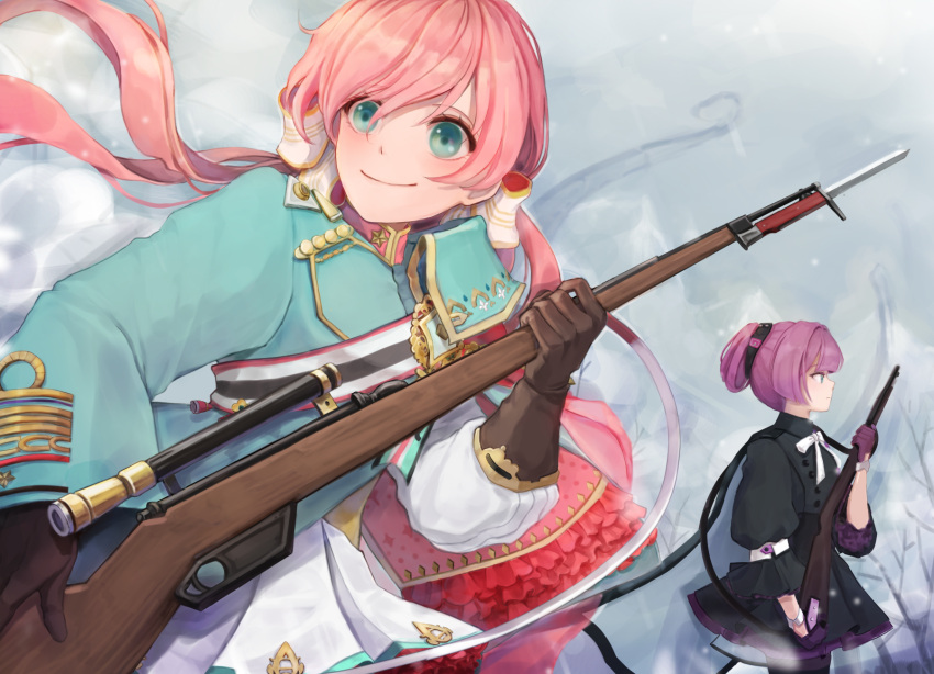 2girls, bayonet, blush, bolt_action, carcano, carcano_m91/38_(girls_frontline), commentary, epaulettes, ferrel_(rocher_71), girls_frontline, gloves, green_eyes, gun, highres, long_hair, looking_to_the_side, m1891_(girls_frontline), military, military_uniform, multiple_girls, pink_hair, purple_hair, rifle, scope, skirt, uniform, weapon