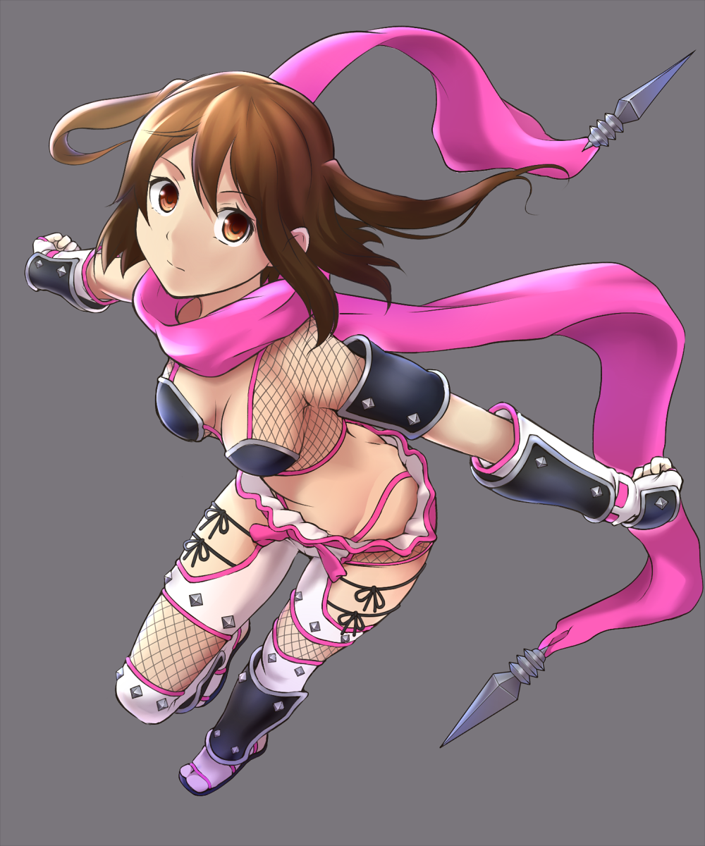 1girl, armor, bikini_armor, breasts, brown_eyes, brown_hair, butt_crack, fishnets, full_body, geta, highres, hip_vent, kunai, kuruuno, long_scarf, looking_at_viewer, medium_breasts, ninja, pink_scarf, sakamiya_hotaru, scarf, school_girl_strikers, short_hair, shoulder_armor, solo, tabi, thigh_strap, twintails, vambraces, weapon