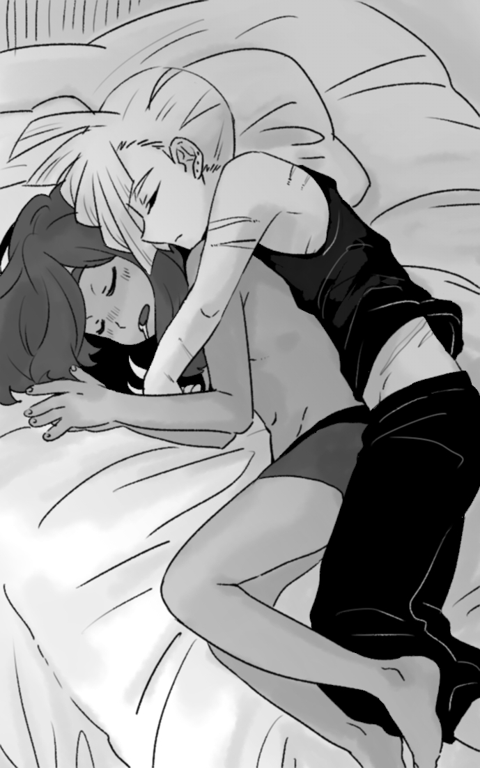 2boys, amagaeru_(kuronanamiegou967735), bed, black_pants, boxers, briefs, closed_eyes, dark_skin, dark_skinned_male, gladio_(pokemon), hair_over_one_eye, hau_(pokemon), hug, hug_from_behind, lying, male_underwear, multiple_boys, pants, pokemon, pokemon_(game), pokemon_sm, scar, shirtless, short_hair, tank_top, underwear, yaoi