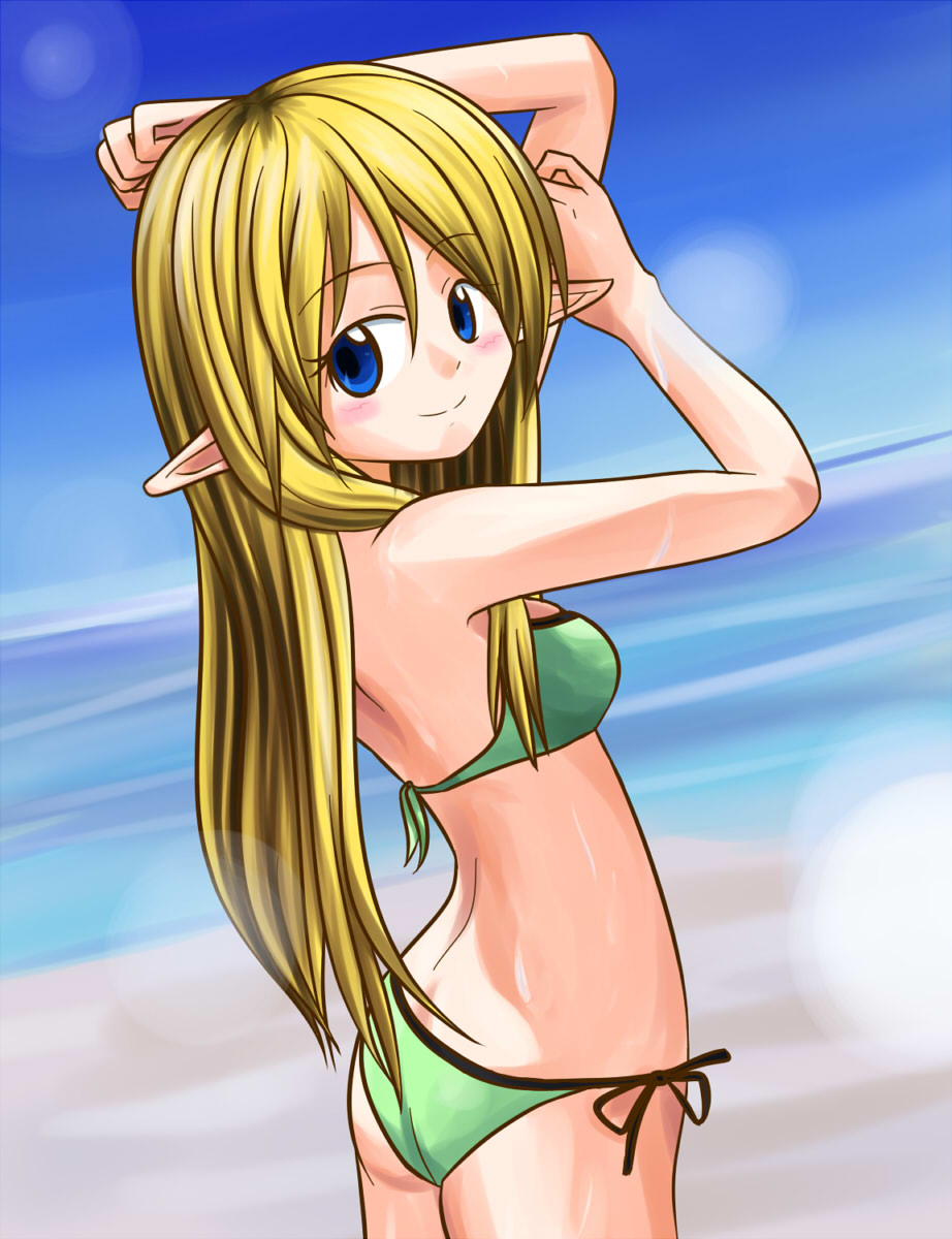 beach, bikini, blonde_hair, blue_eyes, elf, highres, long_hair, looking_back