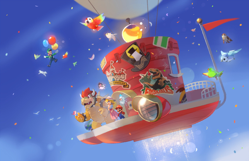 1girl, 3boys, absurdres, aircraft, airship, alexandra_nyerges, balloon, bird, blue_sky, bow, bowser, bowtie, cappy_(mario), claws, confetti, dinosaur, facial_hair, fangs, flying, globe, gloves, hands_on_hips, hat, highres, horns, long_skirt, luigi, mario, super_mario_bros., midair, multiple_boys, mustache, open_mouth, overalls, princess_peach, red_hat, scarf, skirt, sky, smile, sun_hat, super_mario_odyssey, tiara_(mario), tyrannosaurus_rex, white_gloves