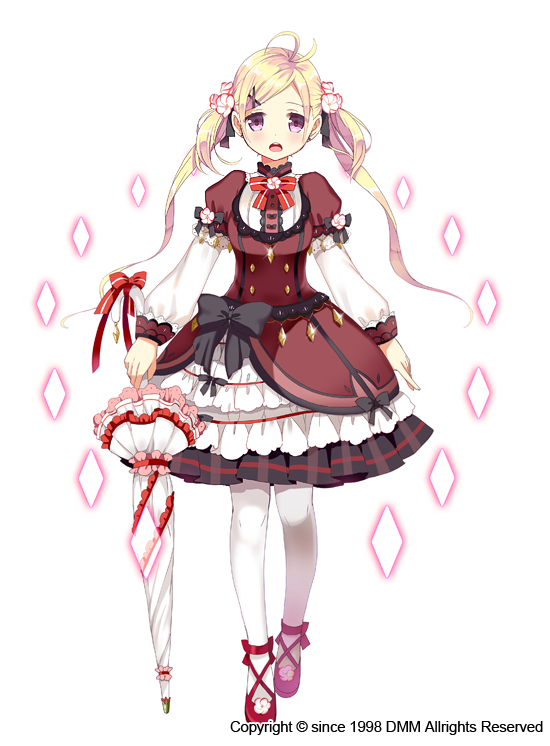 1girl, ahoge, bangs, black_bow, blonde_hair, bow, closed_umbrella, diamond_(shape), dress, flower, flower_knight_girl, frilled_dress, frills, full_body, hair_flower, hair_ornament, holding, holding_umbrella, kurot, lolita_fashion, long_hair, looking_at_viewer, official_art, open_mouth, oxalis_(flower_knight_girl), pantyhose, parasol, red_bow, red_footwear, ribbon, shoes, solo, standing, strappy_heels, striped, striped_bow, swept_bangs, twintails, umbrella, violet_eyes, white_background, white_legwear, white_umbrella, x_hair_ornament