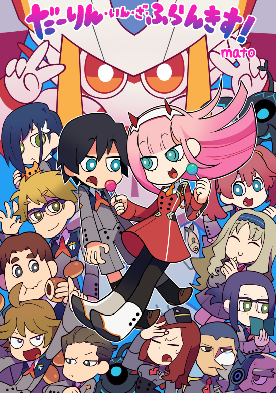 6+boys, 6+girls, ahoge, anpan, artist_name, bangs, black_hair, blonde_hair
