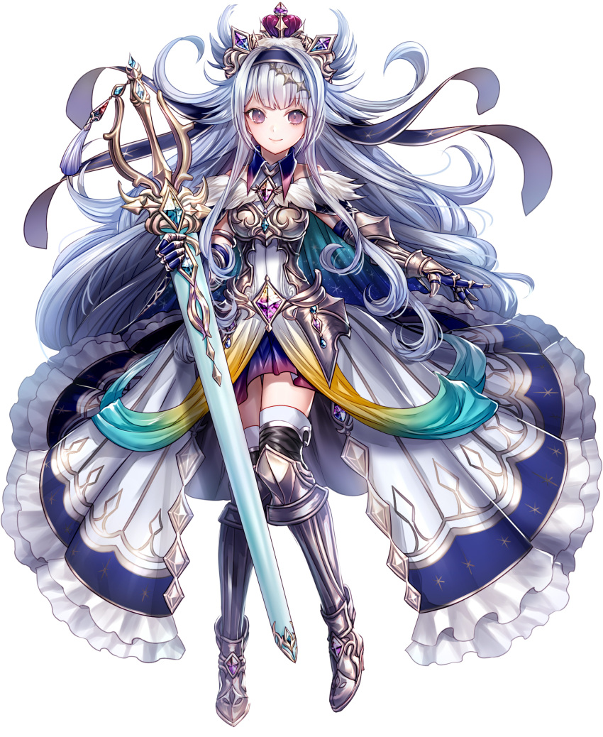 1girl, black_legwear, boots, crown, frilled_skirt, frills, full_body, gauntlets