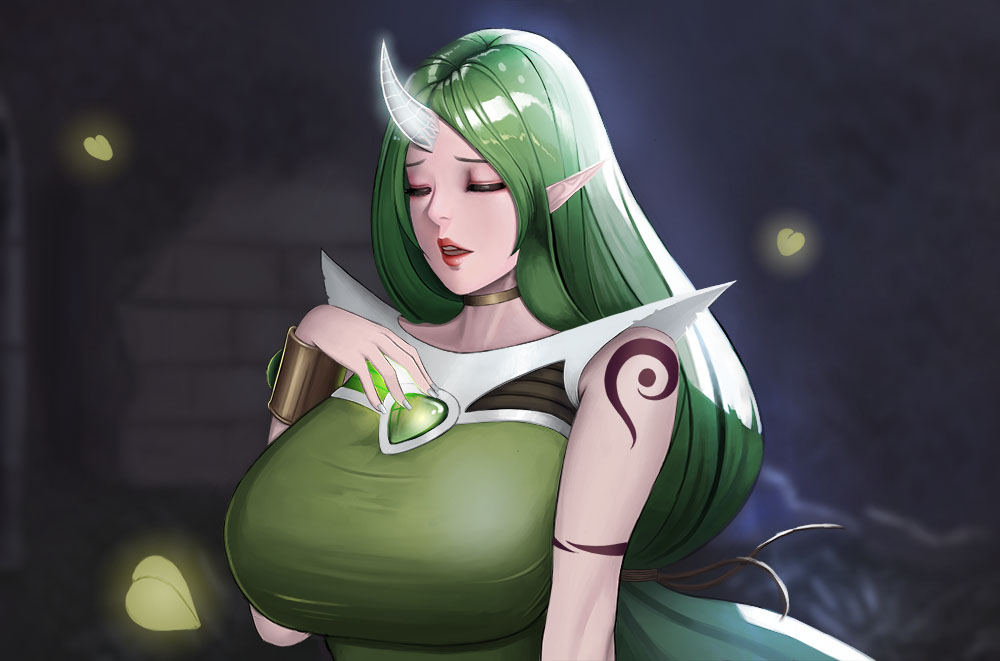 1girl, alternate_costume, alternate_hair_color, alternate_skin_color, breasts, closed_eyes, dryad_soraka, facing_viewer